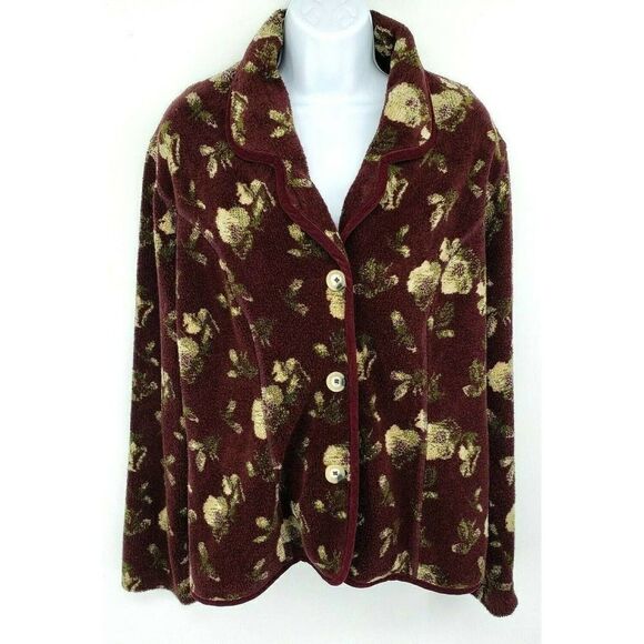 The Territory Ahead Womens Floral Sherpa Velour Fleece Jacket Blazer Maroon - Picture 10 of 10